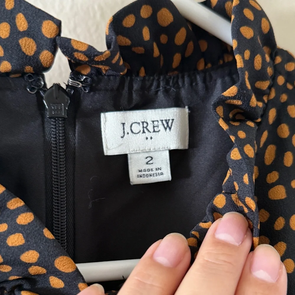 J. Crew Black Camel Abstract Spot Shift Dress Mock Neck Ruffle Trim Size 2